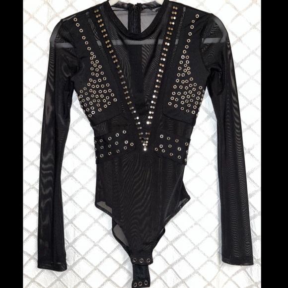 Top shop black sheer bodysuit with silver studs - Picture 1 of 3